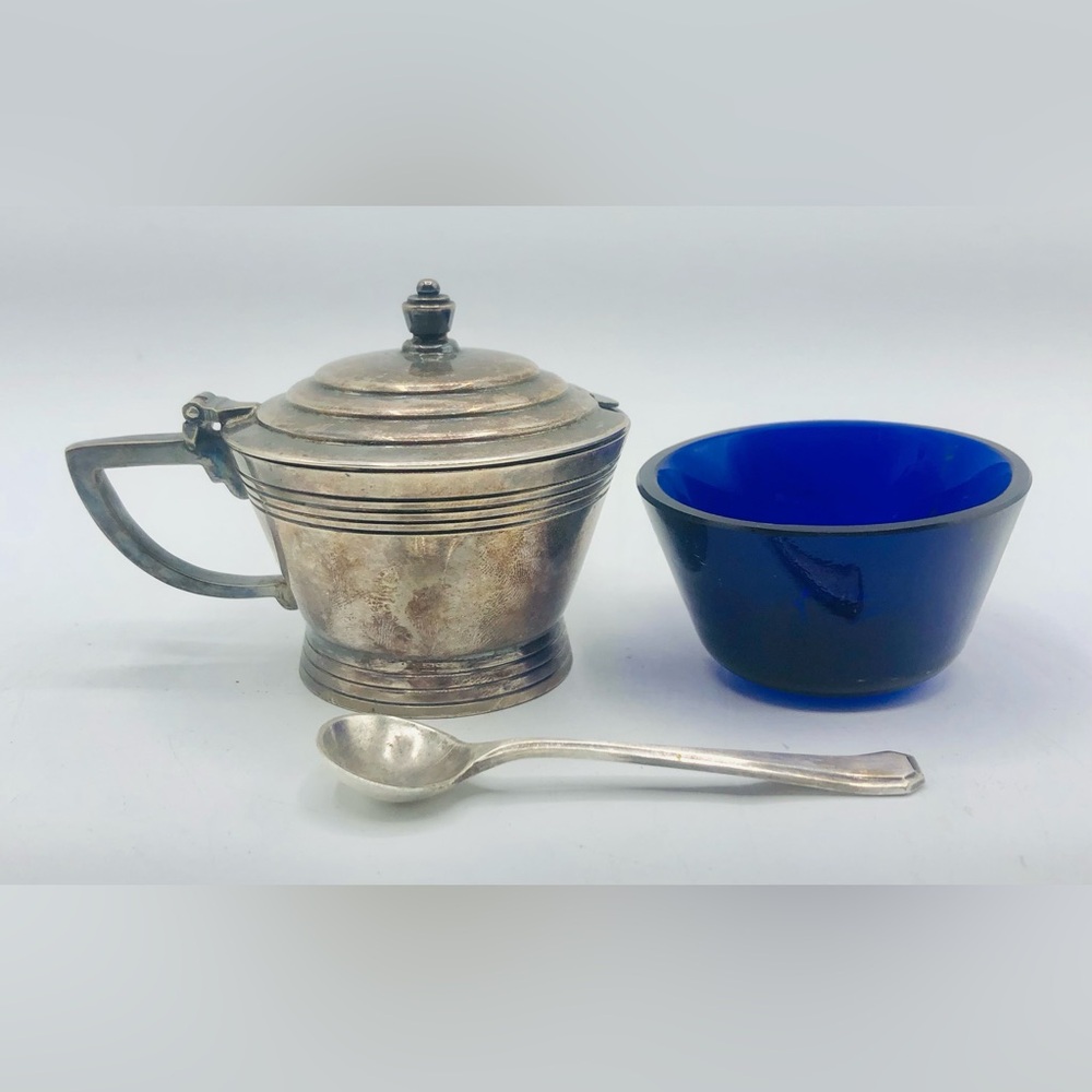 Antqe Mappin & Webb Silver Plate over copper Mustard Pot Blue Glass Insert Spoon